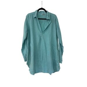 CP Shades Seaside Turquoise Blue 100% Linen V-Neck Tunic Shirt Pockets Large